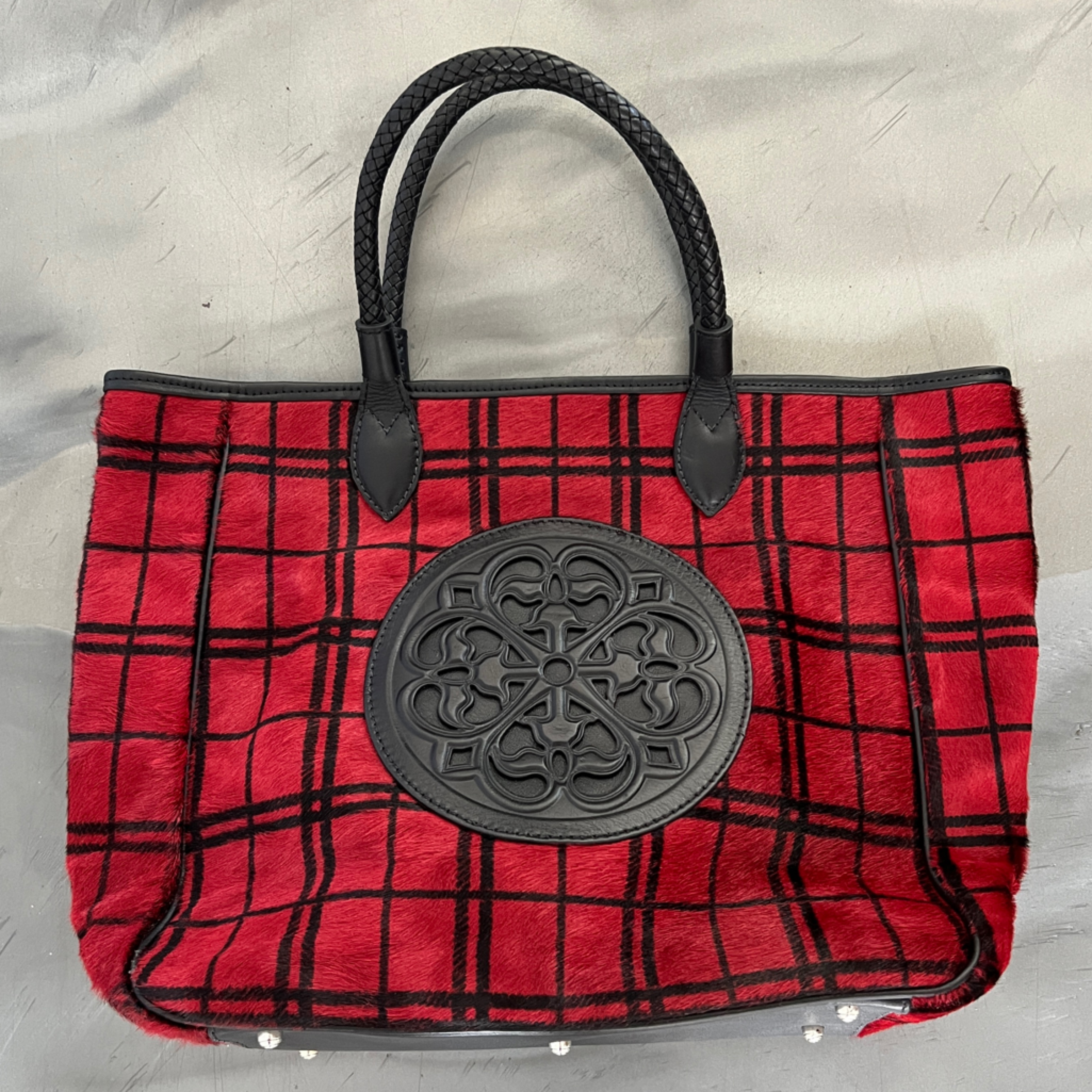 Brighton Red And Black Plaid Tote With Decorative Medallion